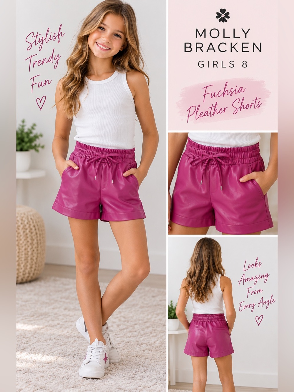 NWT Molly Bracken Girls 8 Fuchsia Faux Leather Shorts Pink Pleather